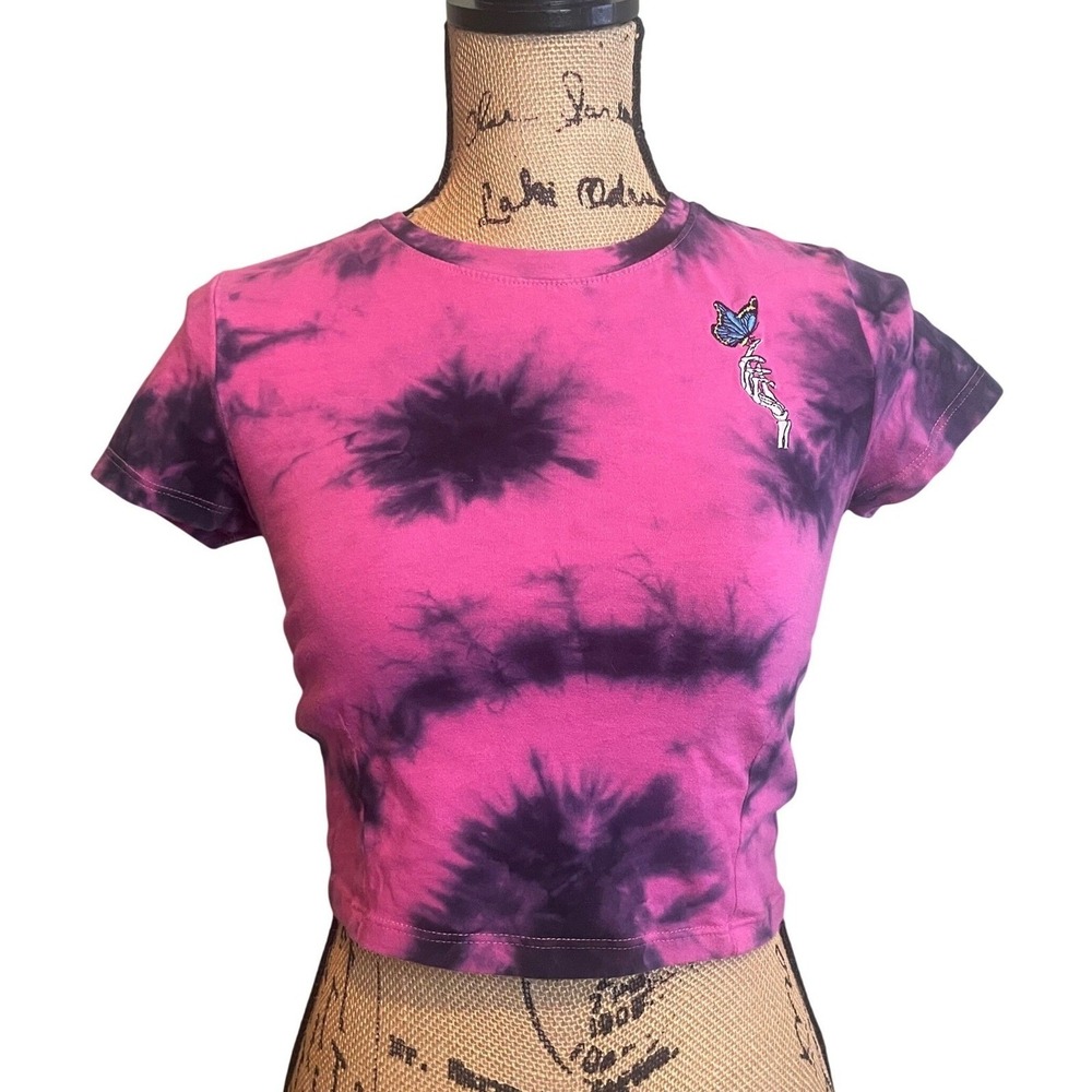 Empyre Womens Butterfly Sketelon Boho Chic‎ Tie Dye Crop Top Pink Black Small